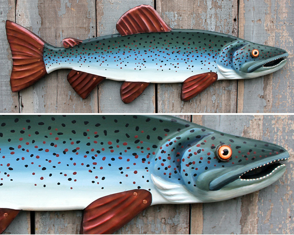 32 inch Salmon Fish Art / Lake House Decor / Folk Art Fish / Fisherman Gift / Fish Artwork with Copper Fins / Mountain House Decor