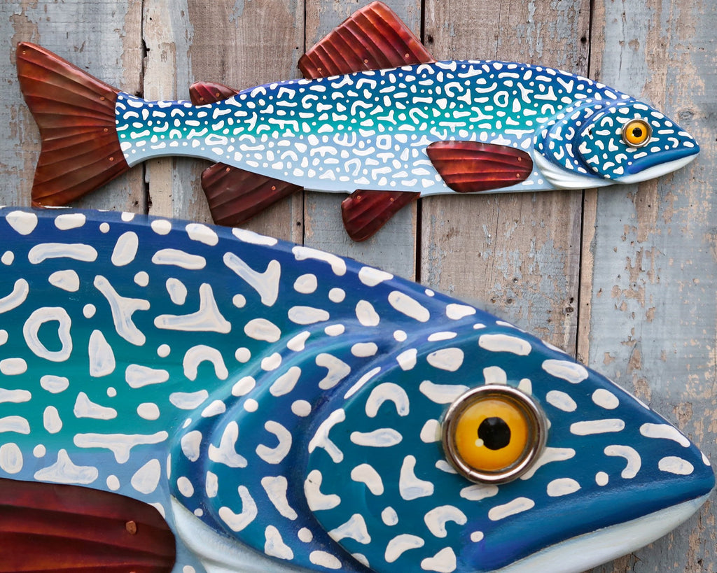 Patrick, Carved Wood and Copper Lake Trout, Folk Art Fish Wall Art, Original Art Made in Vermont, Lake and Lodge Decor
