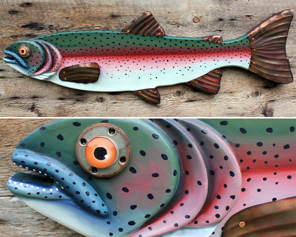 37&quot; Rainbow Trout Wall Hanging. Hand Painted on Wood with Hammered Copper Fins - Great for Farmhouse or Lake House Decor