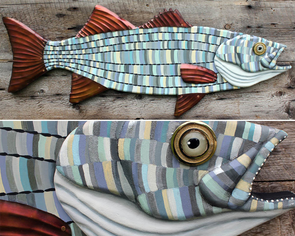 Large Striped Bass Wood and Copper Fish Wall Sculpture 30&quot;