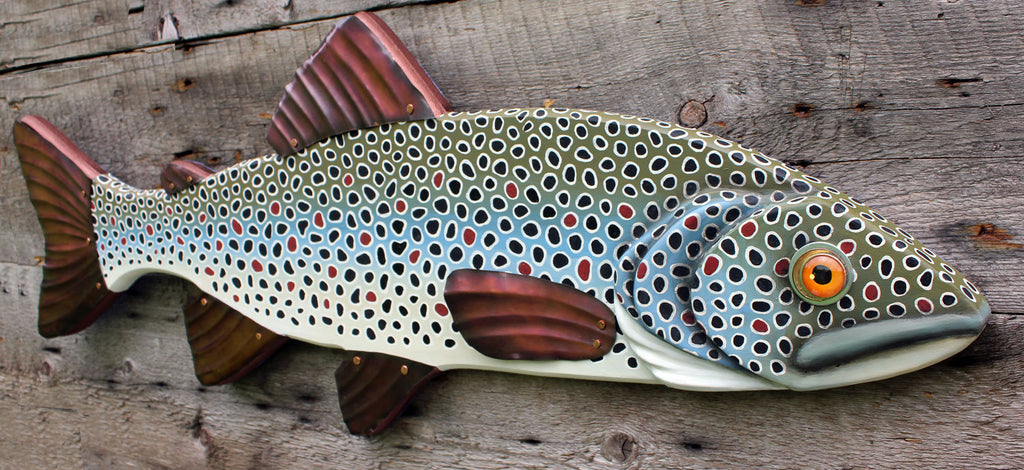 Brown Trout Wood and Copper Wall Sculpture 26&quot;