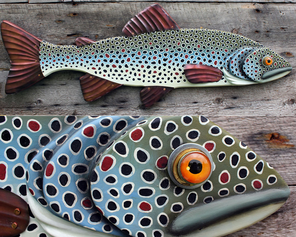 Brown Trout Wood and Copper Wall Sculpture 26&quot;