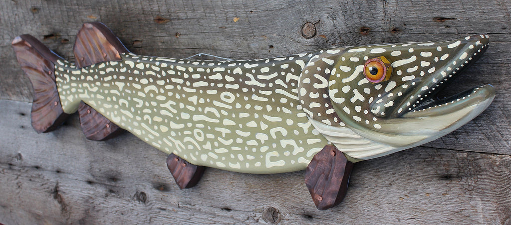 33&quot; Northern Pike:  Lake House Decor, Hand Painted, Folk Art Fish Wall Sculpture