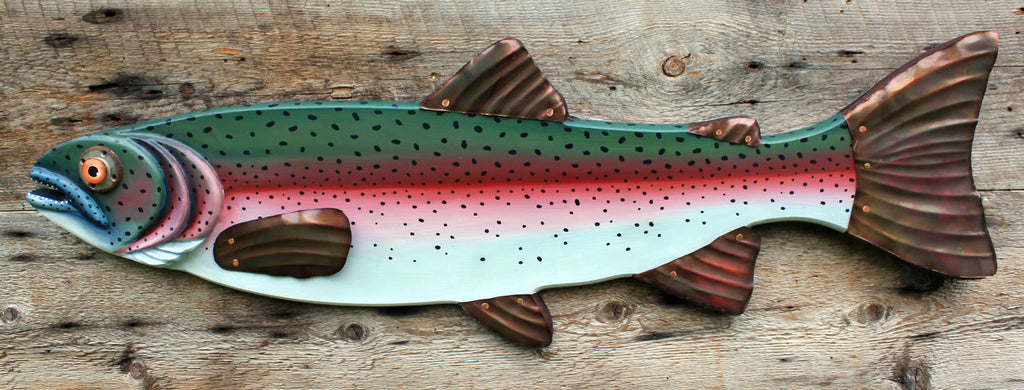 37&quot; Rainbow Trout Wall Hanging. Hand Painted on Wood with Hammered Copper Fins - Great for Farmhouse or Lake House Decor