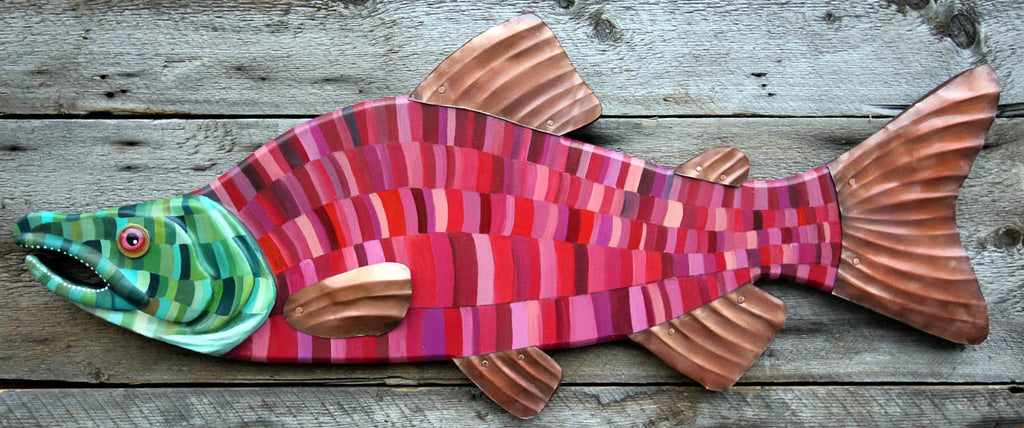 36&quot; Sockeye Salmon Wall Hanging - Hand Painted Trout Art on Wood - Abstract Folk Art Gift for Her