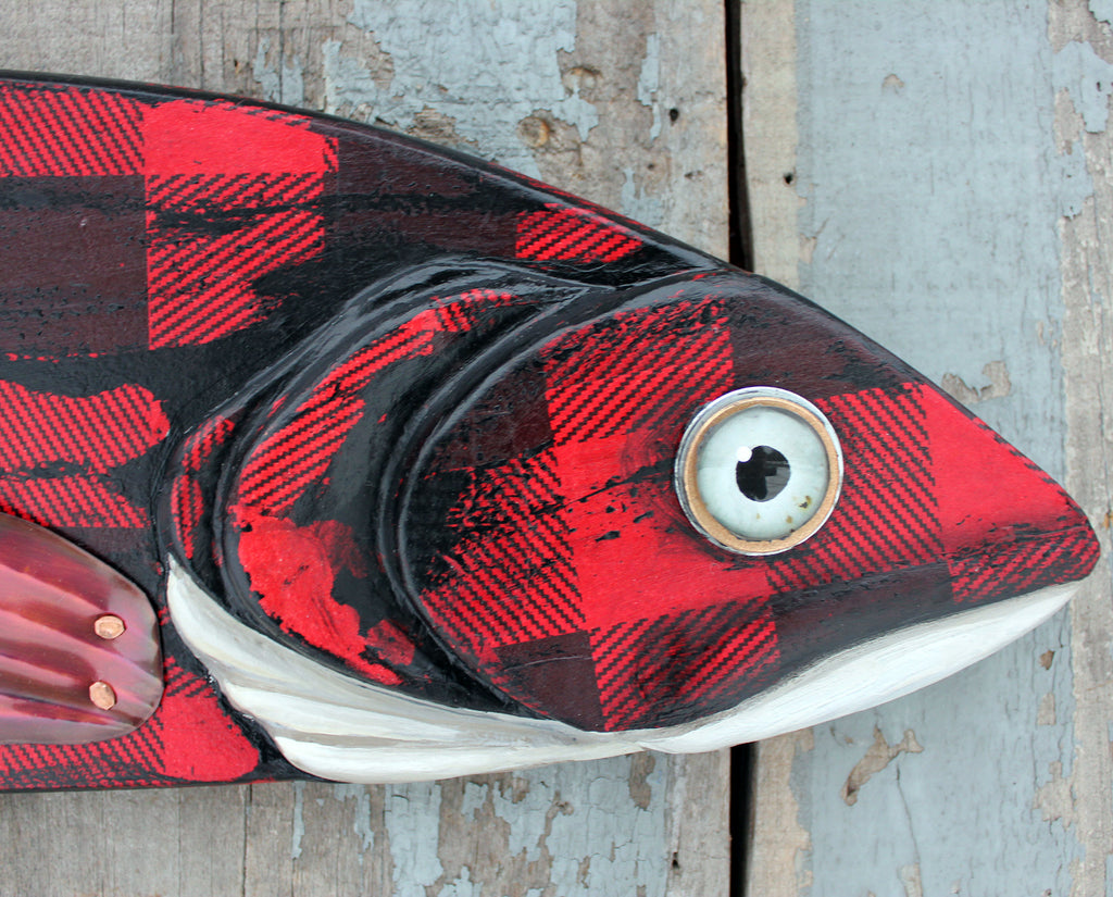 Large Buffalo Plaid Folk Art Fish Wall Art 38&quot;