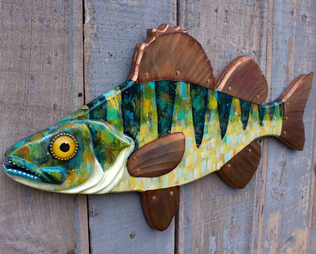 Perch Wall Sculpture, Wood and Copper Folk Art Fish 28&quot;