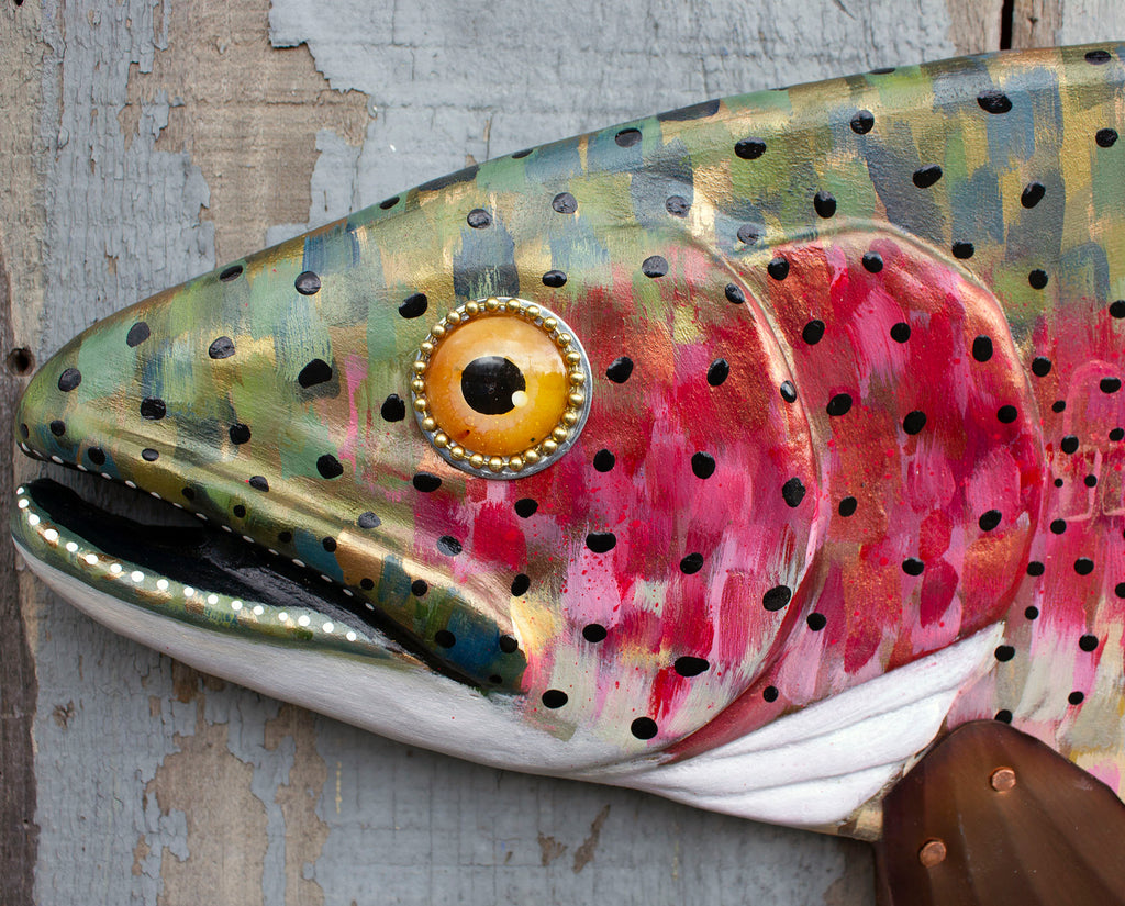 42&quot; Rainbow Trout Fly Fishing Art, Hand Painted Carved Wood Wall Art, Hammered Copper Fins