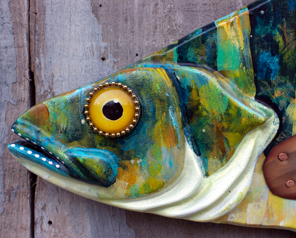 Perch Wall Sculpture, Wood and Copper Folk Art Fish 28&quot;