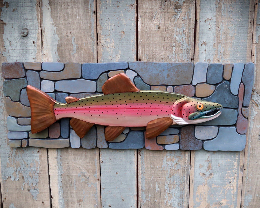 Chase, Steelhead Trout Folk Art Fish on Carved River Stone Background, Hand-painted Wood and Copper Wall Sculpture, Lake and Lodge Decor