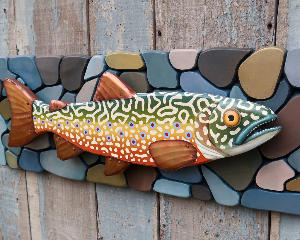 McKenzie, Wood and Copper Brook Trout on Carved River Stone Background, Lake and Lodge, Folk Art Fish Wall Art