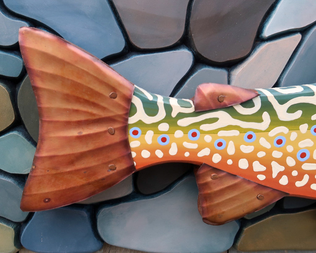 McKenzie, Wood and Copper Brook Trout on Carved River Stone Background, Lake and Lodge, Folk Art Fish Wall Art