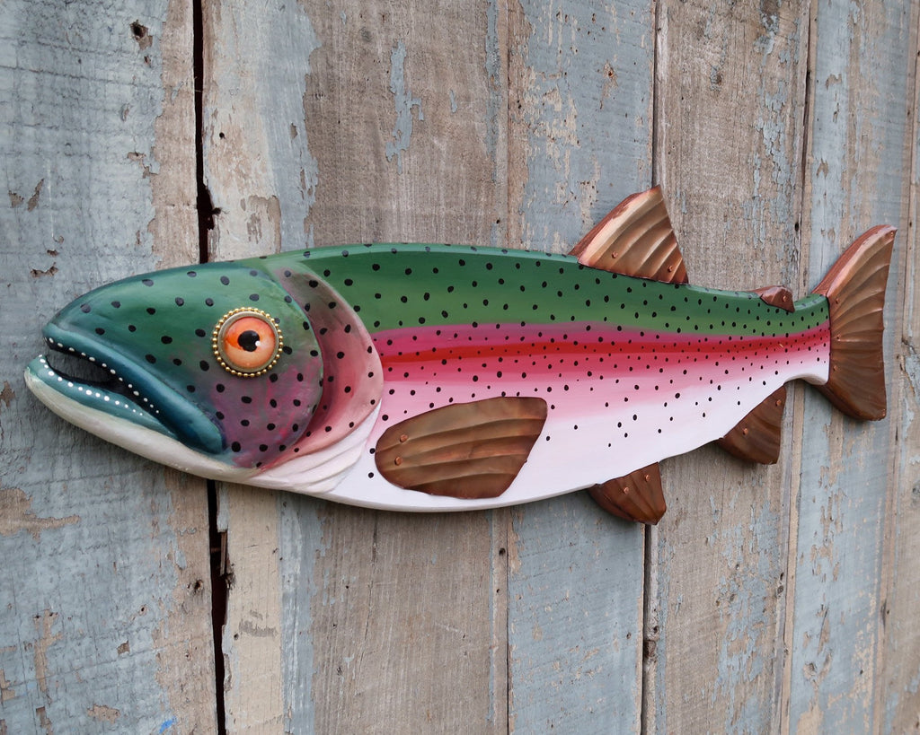 Randy, Original Rainbow Trout Folk Art Fish Wall Art 37&quot;, Hand Painted Wood and Copper Sculpture, Made in Vermont, Lake and Lodge Decor
