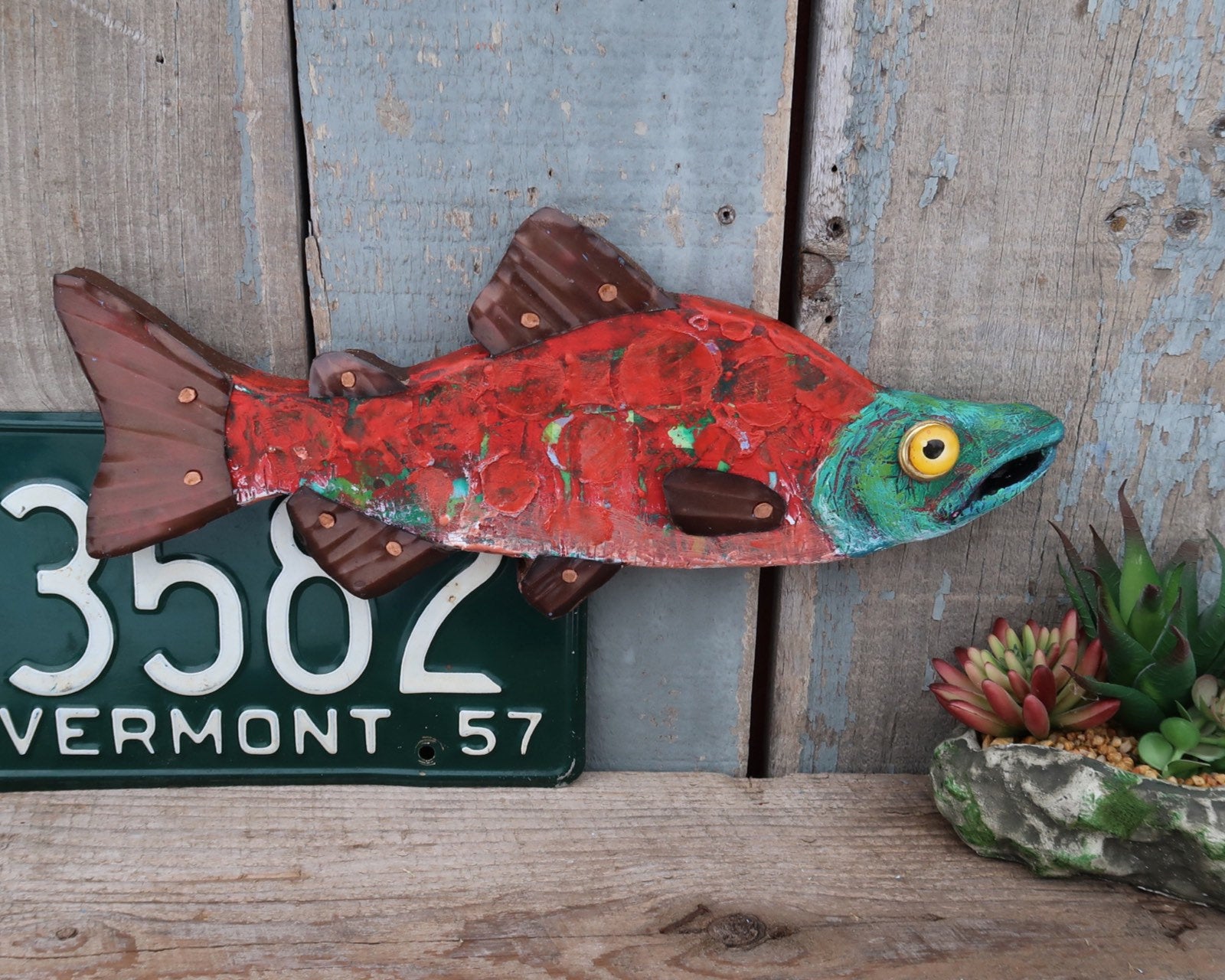 Scarlet, Rustic Textural Salmon Minnow,Folk Art Fish Wall Sculpture,Ha –  Rachel Laundon Art