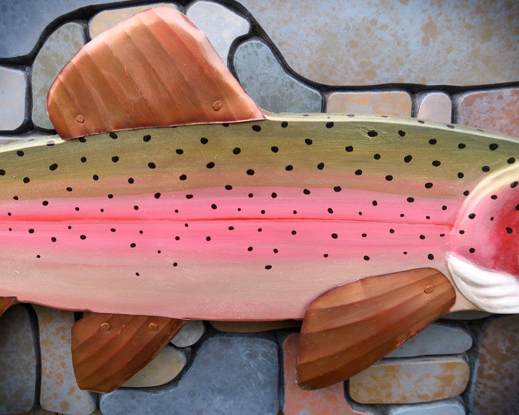 Chase, Steelhead Trout Folk Art Fish on Carved River Stone Background, Hand-painted Wood and Copper Wall Sculpture, Lake and Lodge Decor
