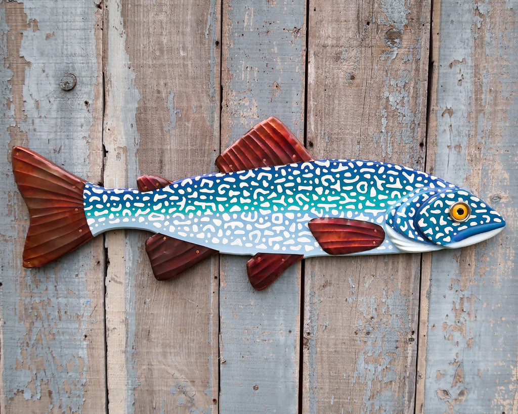 Patrick, Carved Wood and Copper Lake Trout, Folk Art Fish Wall Art, Original Art Made in Vermont, Lake and Lodge Decor
