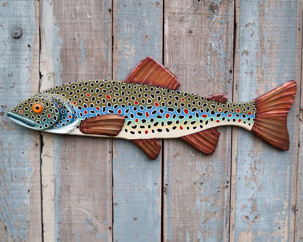 Kenneth, Large Brown Trout Fish Wall Sculpture, Original Wood and Copper Folk Art Fish Art, Made in Vermont, Lake and Lodge Decor