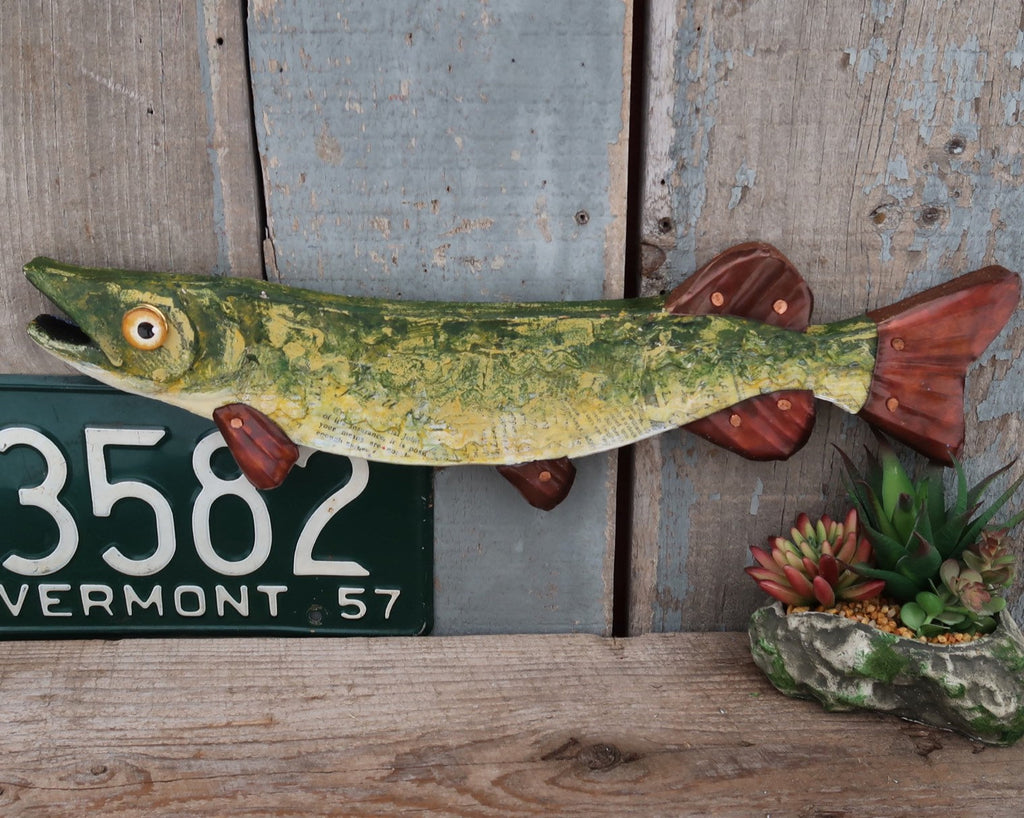 Phillip, Rustic Textural Pike Minnow,Folk Art Fish Wall Sculpture,Hand-painted Wood and Copper Fish, Abstract Art, Lake and Lodge Decor