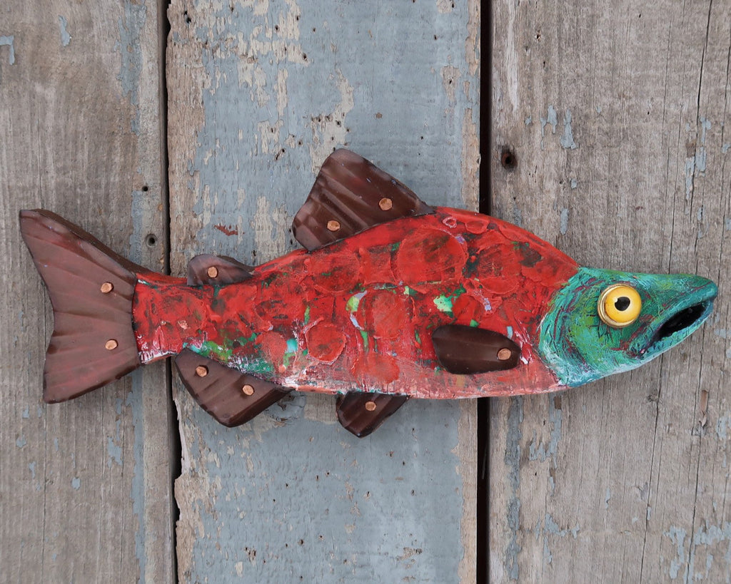 Scarlet, Rustic Textural Salmon Minnow,Folk Art Fish Wall Sculpture,Hand-painted Wood and Copper Fish, Abstract Art, Lake and Lodge Decor