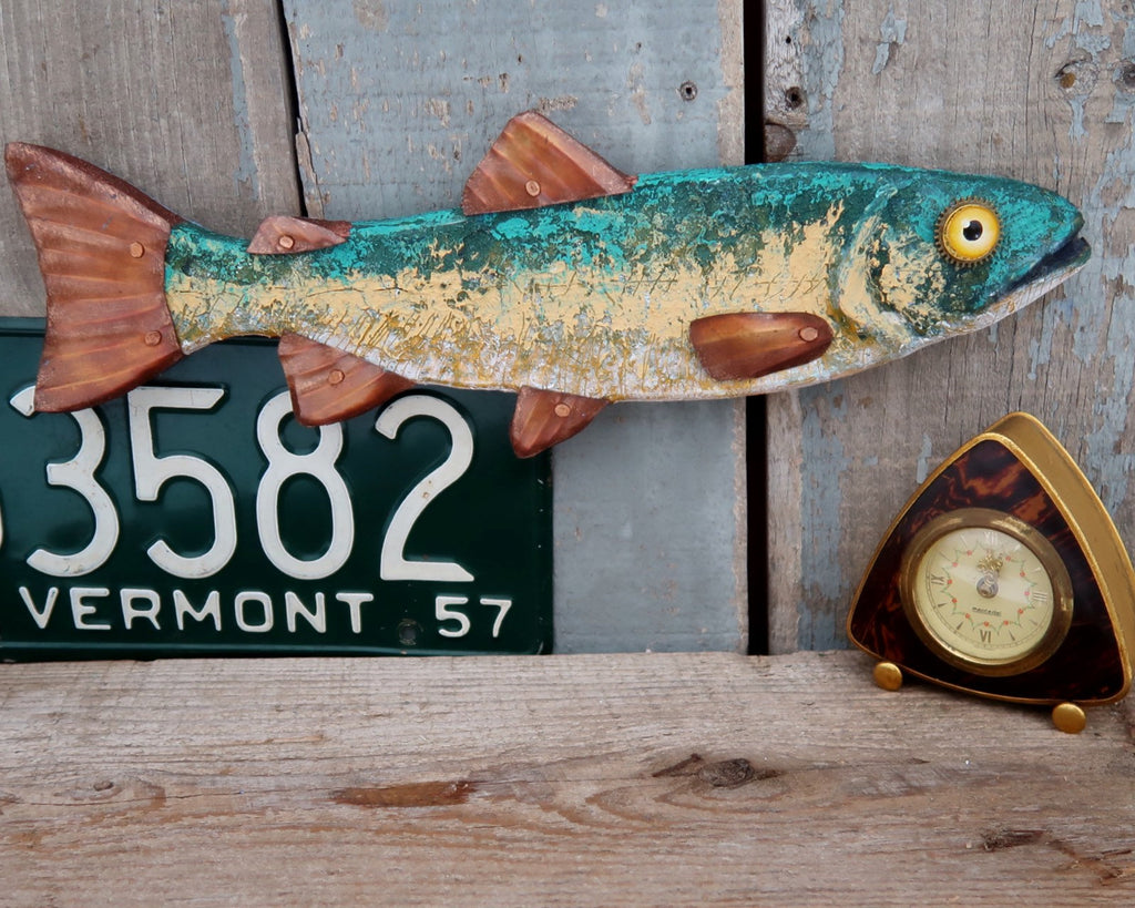 Shilo, Rustic Textural Trout Minnow,Folk Art Fish Wall Sculpture,Hand-painted Wood and Copper Fish, Abstract Art, Lake and Lodge Decor