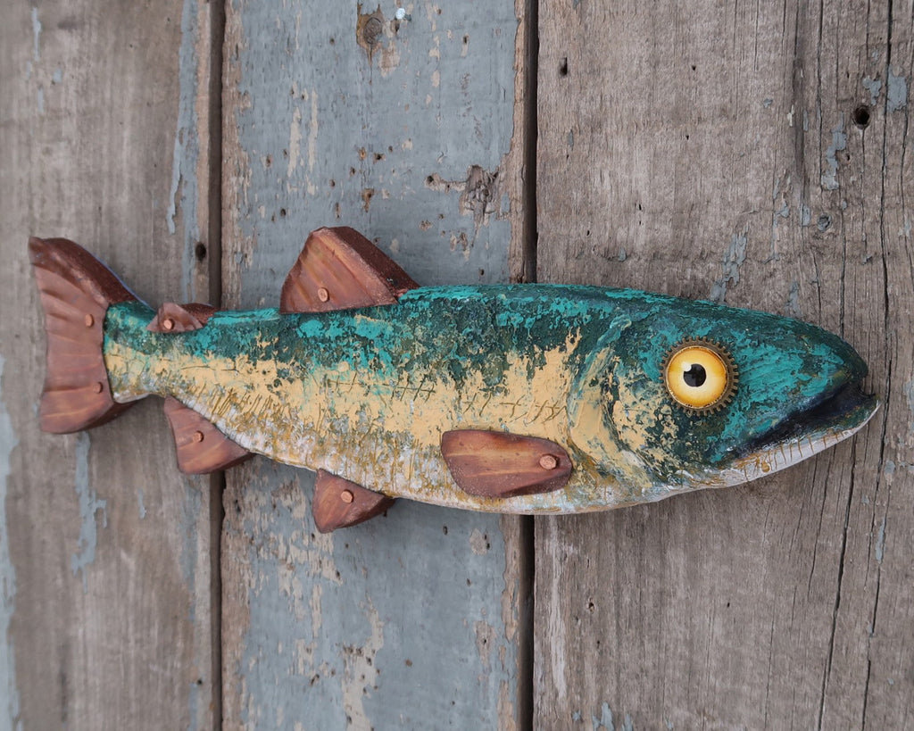 Shilo, Rustic Textural Trout Minnow,Folk Art Fish Wall Sculpture,Hand-painted Wood and Copper Fish, Abstract Art, Lake and Lodge Decor